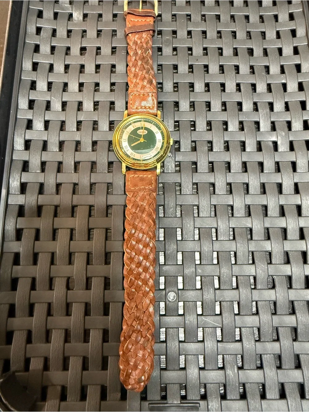 Vintage 1994 Guess Gold Tone Green Dial Braided Leather Watch Untested